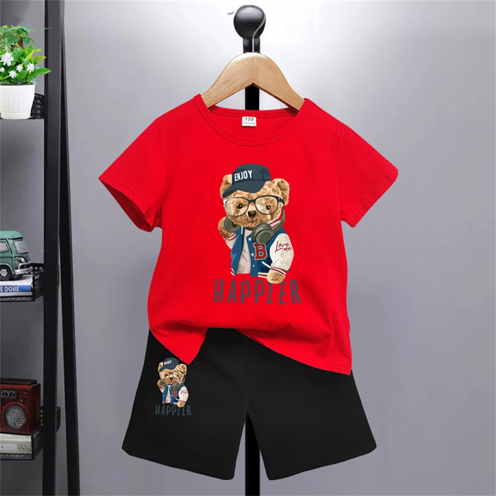 Bear pattern kids T-shirt Pants Kawaii T-shirt Anime Cartoon Kids Casual Clothing 2-piece set Kids Girls Boys Fashion Y2K