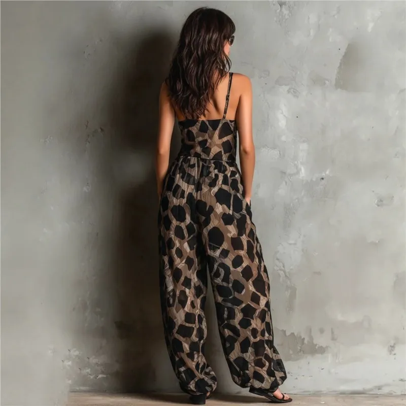Retro Leopard Print Deep V Twisted Suspender Jumpsuit Summer  Fashion Loose Drapey Wide Leg Slimming Resort Style Long Jumpsuit