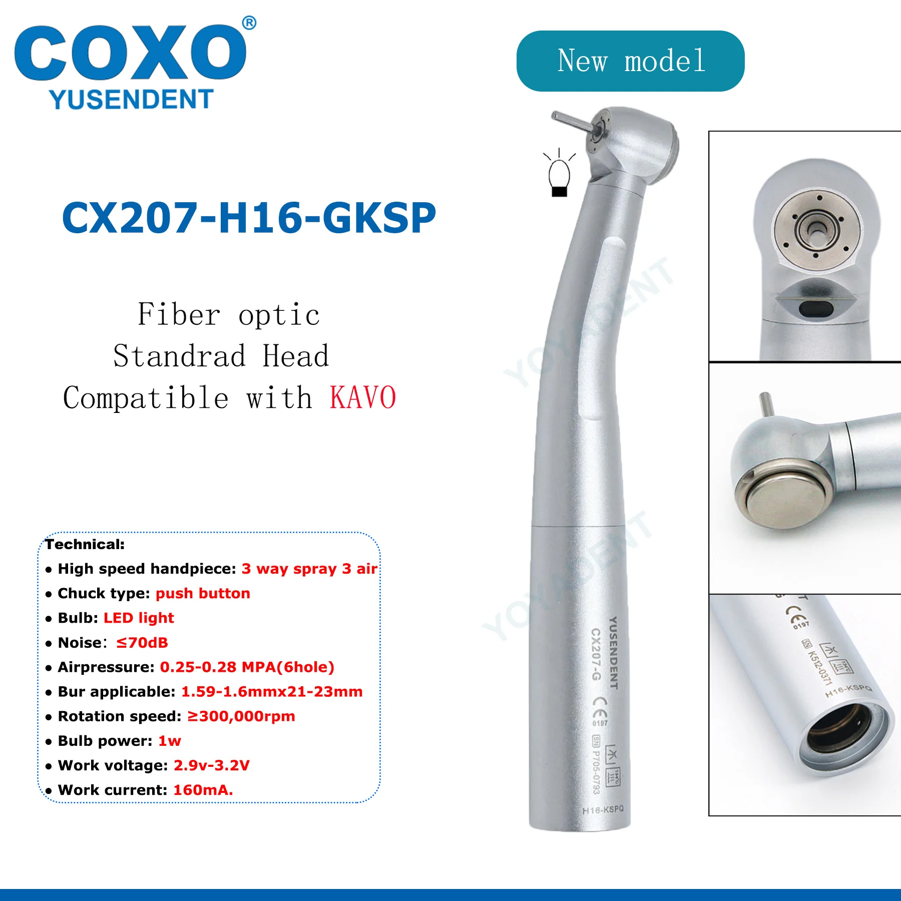 COXO CX207-G Tandheelkundige Turbine Fiber Optic Hoge Snelheid Handstuk FG Bur Handstuk Standrad/Koppelkop LED Koppeling 6 Pin Fit KAVO