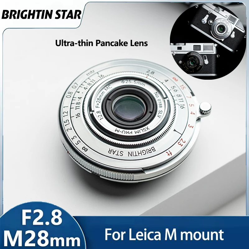 Brightin Star 28mm F2.8 Full Frame MF Pancake Lens Ultra-Thin Liquid Silver for Leica M Mount M8 M10 Classic Street Photography