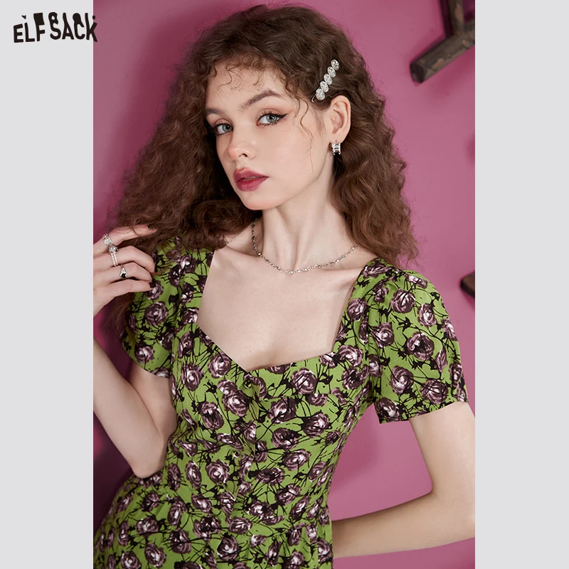 ELFSACK Full Pringting Green Dresses Women 2023 Spring/Summer Short Sleeve Daily Dress