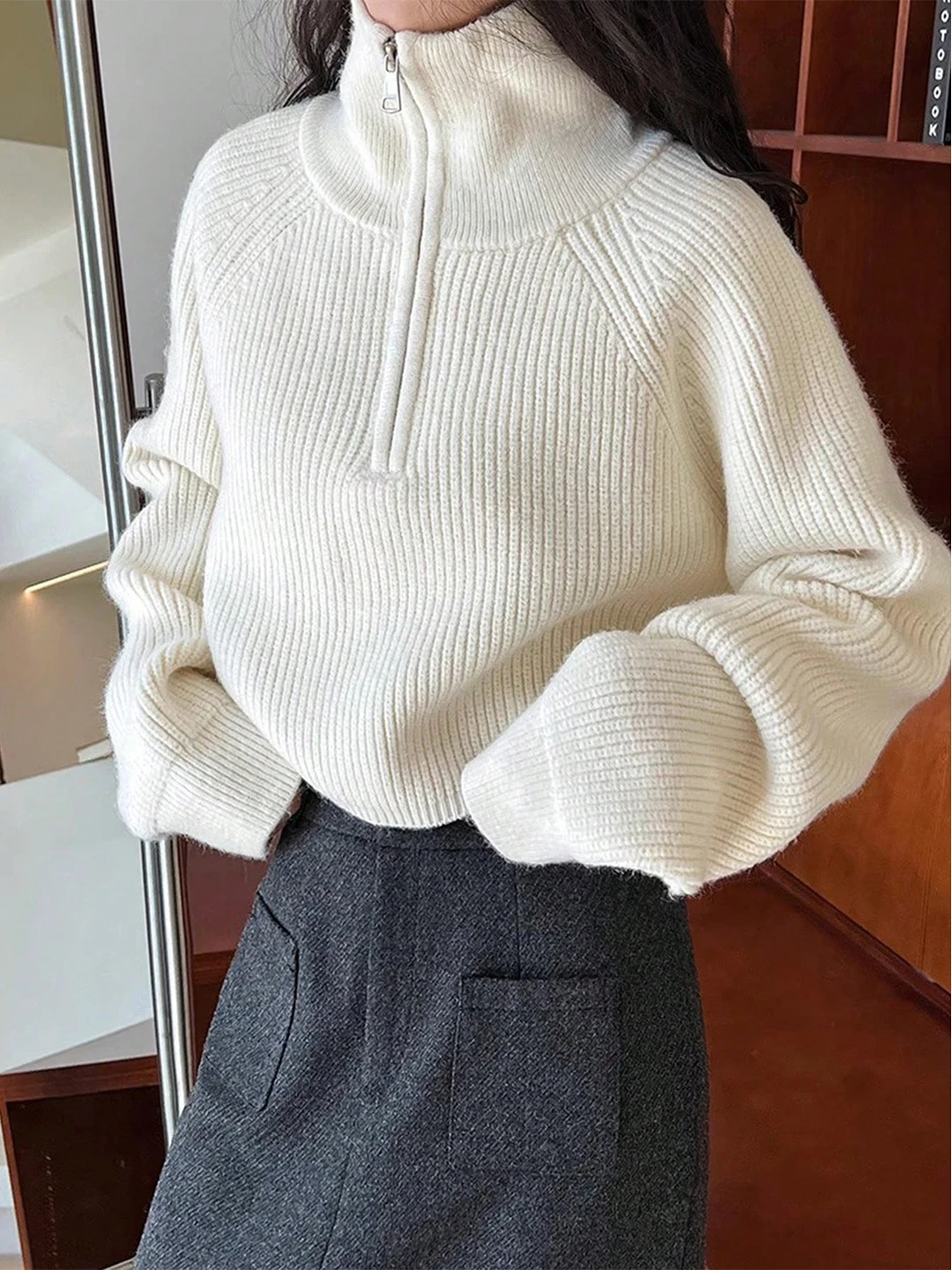

Zipper High Ne Loose Batwing Sve Sweater Women's Faion Commute Sle Knitted Top White Warmth Emitting Pure Color