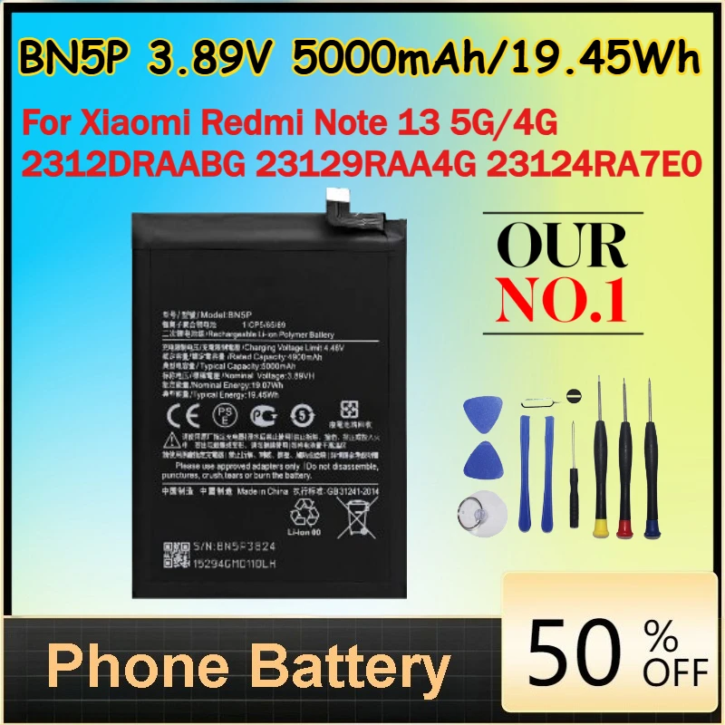

3.89V 5000mAh/19.45Wh BN5P Li-Ion Battery for Xiaomi Redmi Note 13 5G/4G 2312DRAABG 23129RAA4G 23124RA7E0 Mobile Phone Batteries