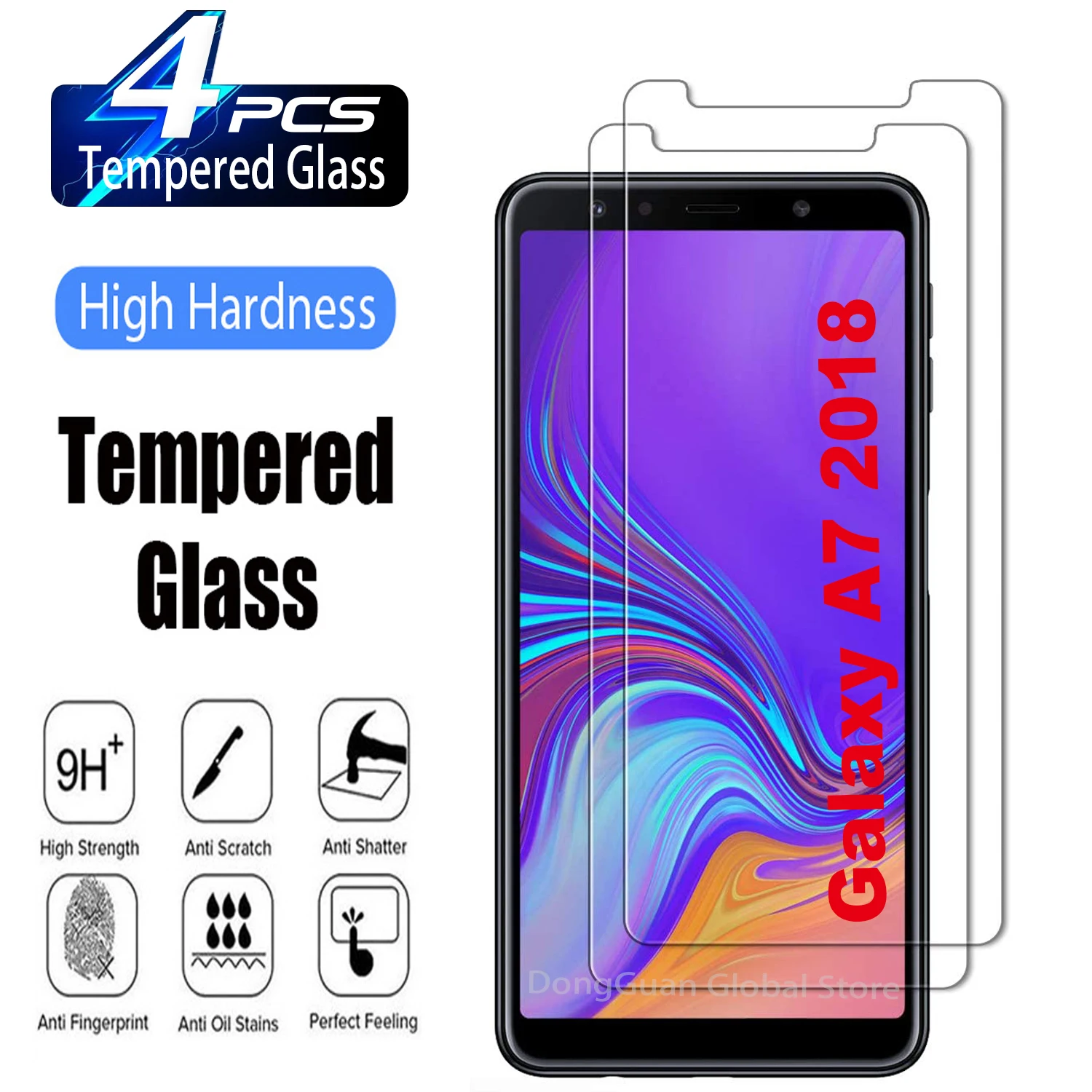 9H Tempered Glass For Samsung Galaxy A7 2018, 2/4Pcs HD Screen Protector