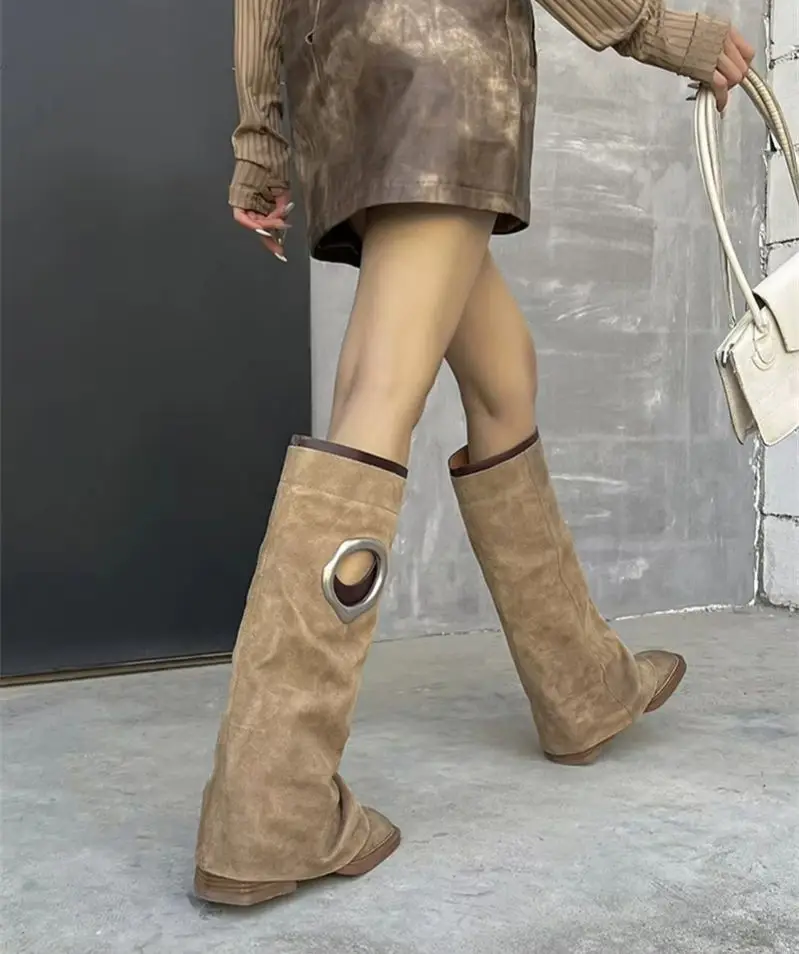 ZAROY Suede Knee High Boots Women Autumn Winter Square Toe Straight Leg Long Booties Punk Hole Chunky Heels Brand Designer Botas image 3