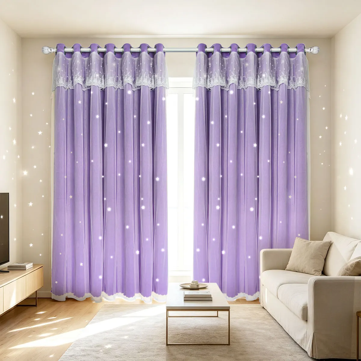2Pcs Lavender Double Layer Star Hollow Grommet Curtains, Lace Sheer Drape, Dreamy Floor Window Curtain For Bedroom