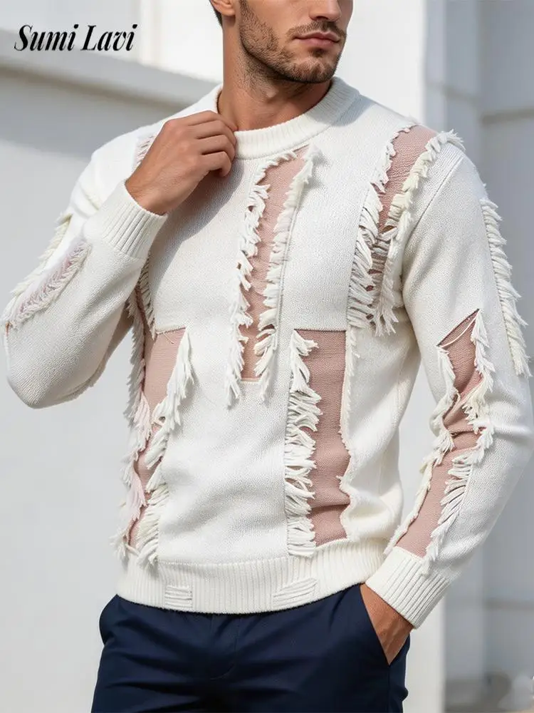 Streetwear Vintage Ripped Knitting T Shirt Mens Fall Winter Warm Slim Pullover Men Stylish Contrast Color Long Sleeve Knit Shirt