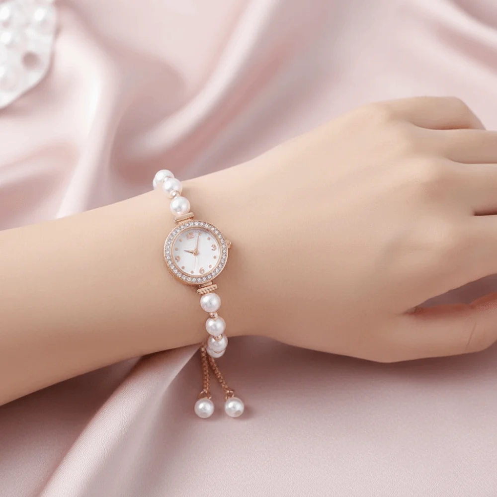 Slim Strap Ladies Quartz Watch Round Dial Quartz Movement Rhinestone Watch Drawstring Design Adjustable Women Quartz Watch