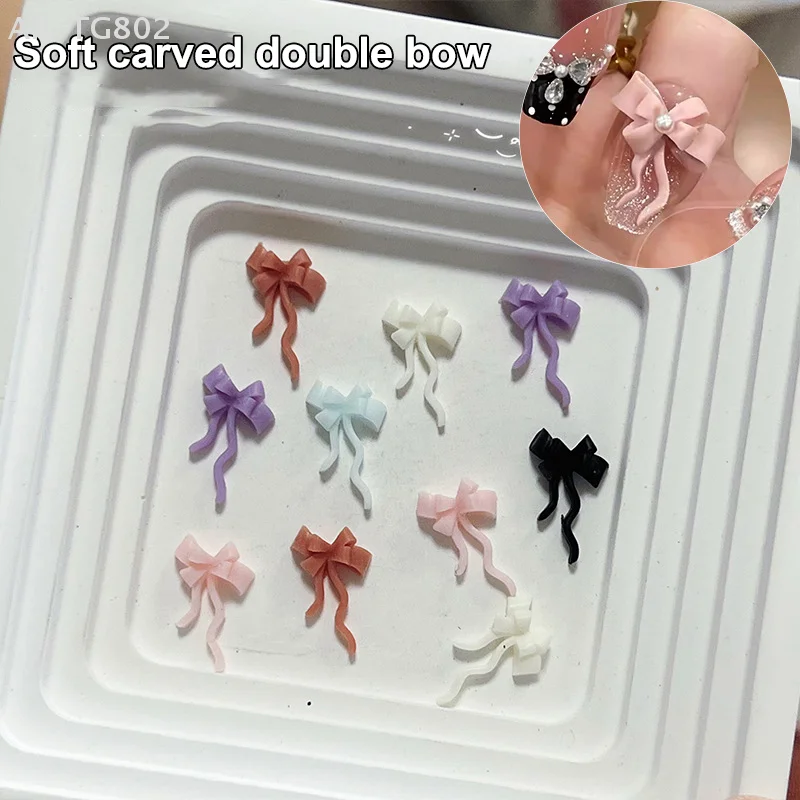 10 Peças de Laços Duplos para Unhas, Laços 3D de Fita com Strass, Mini Laços de Resina para Manicure e Peças de Joias DIY