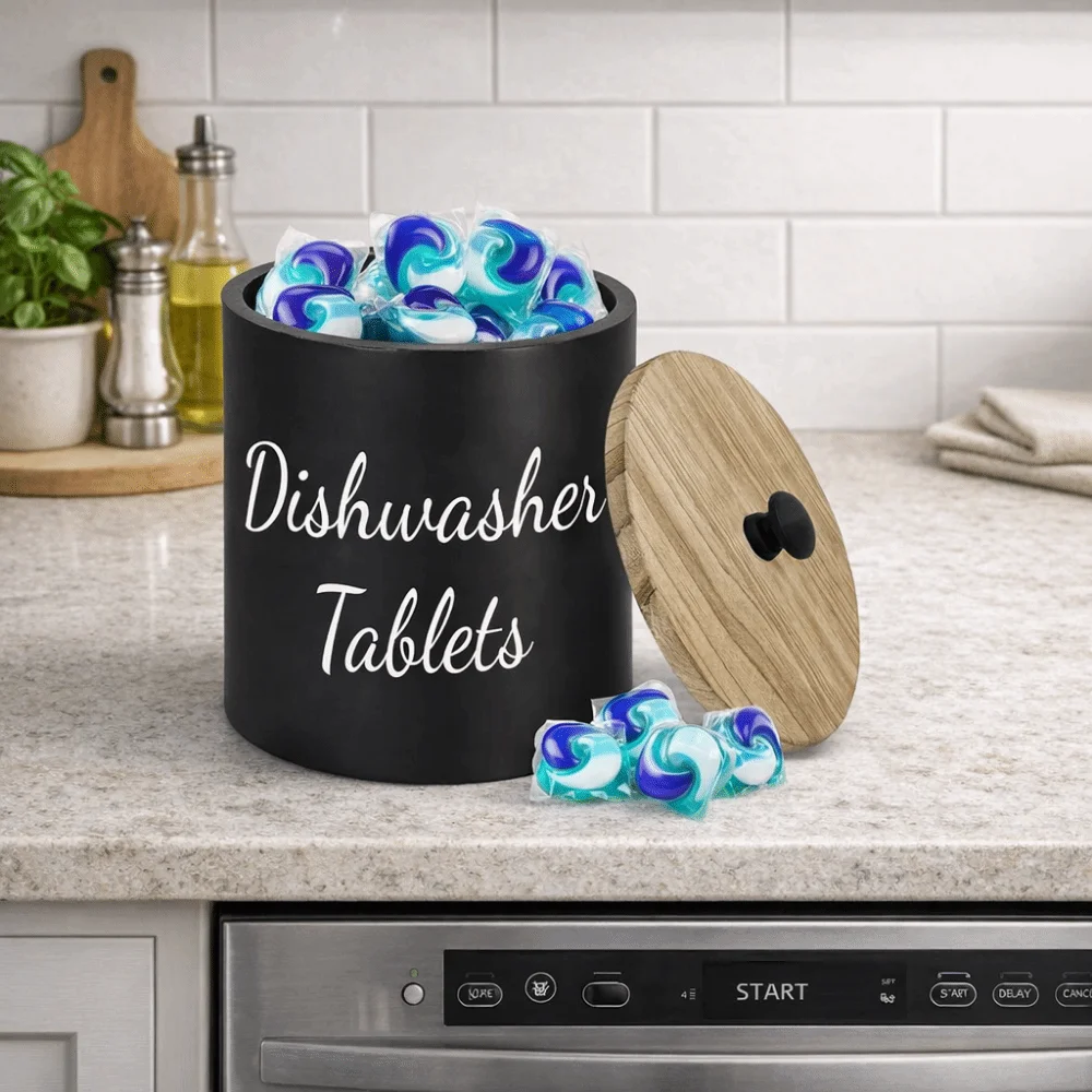 

Wood Dishwasher Tablet Container Wide Opening Large Capacity Dishwasher Pod Container with Lid Sealed Laundry Pods Container