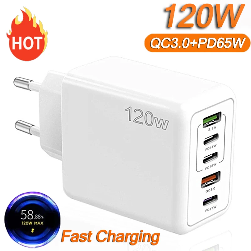 Hot 120W Fast Charging 5 Ports USB C PD Interface Charger Quick Charge Phone Charger Adapter For iPhone Xiaomi Samsung 2024 New