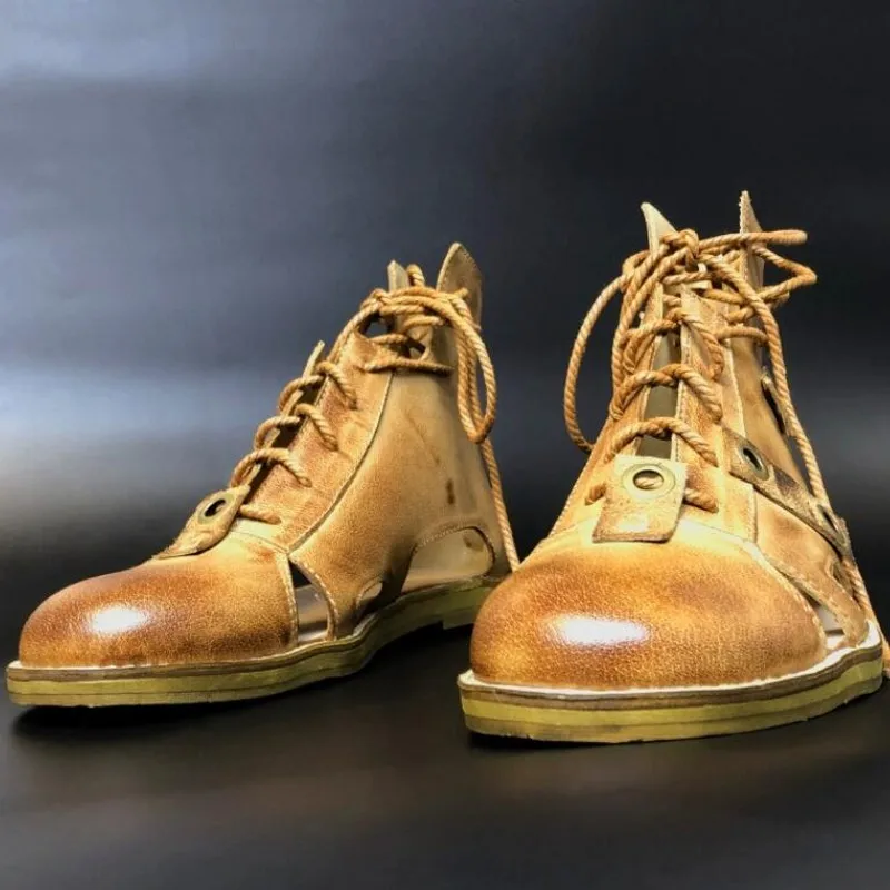 Handmade Full Grain Leather High top Rome Gladiators for Men Outdoor Mens Summer Bandage Ankle Sandals