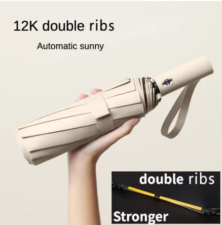 Fully Automatic 2-in-1 Folding Umbrella, Wind-Resistant Black Glue Coated Anti-UV Sun Rain Protection Umbrella
