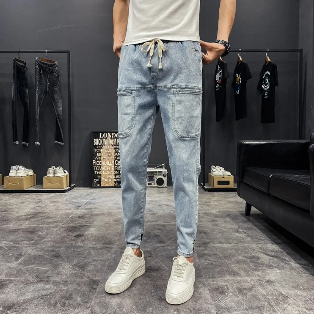 2025 nova primavera verão calças de brim masculinas vintage cor sólida elástica clássico jeans masculino magro moda denim calças masculinas carga