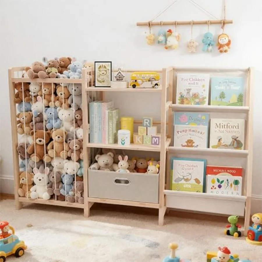 

Bookshelf and Toy Storage 3 Tier Toddler Bookcase with Movable Drawer 3 Display Sling Pockets 31.5" H Wood Montessori Book Shel