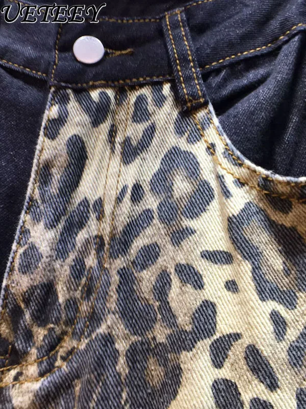 Europejskie Jeansy Damskie na Jesień 2025, Nowe, Wyszczuplające, z Wysokim Stanem, Blokowe Kolory, Panterka, Proste Nogawki, Długie Spodnie