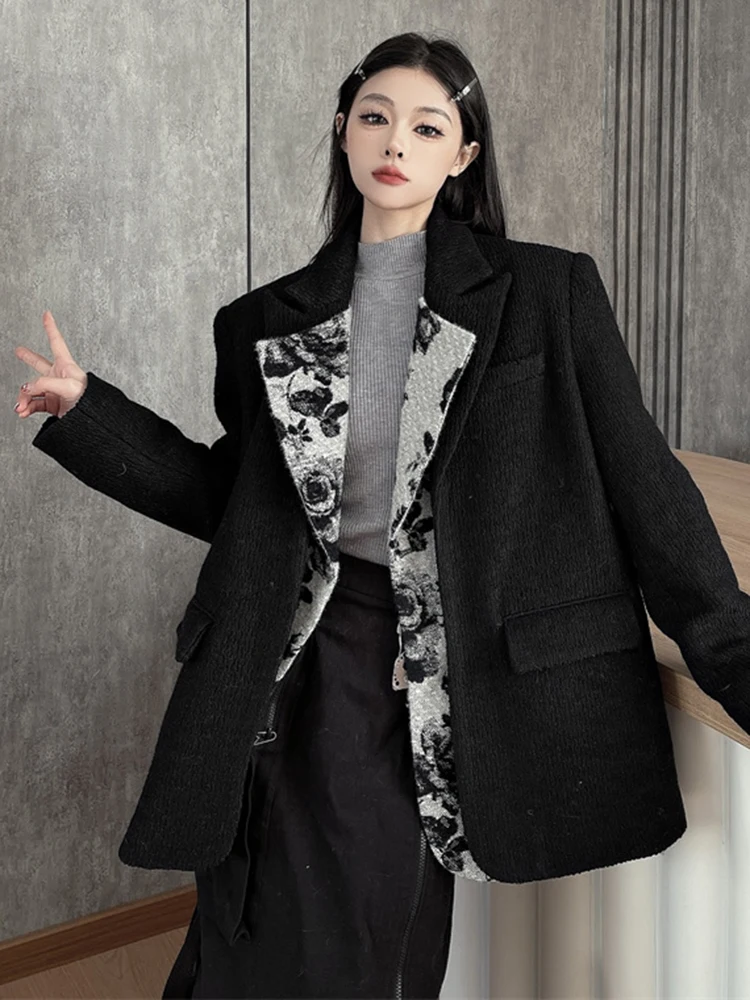 ZMEENNA Women Black Ink Wash Spliced Big Size Blazer New Lapel Long Sleeve Loose Jacket Fashion Tide Spring Autumn 2024 ZM576