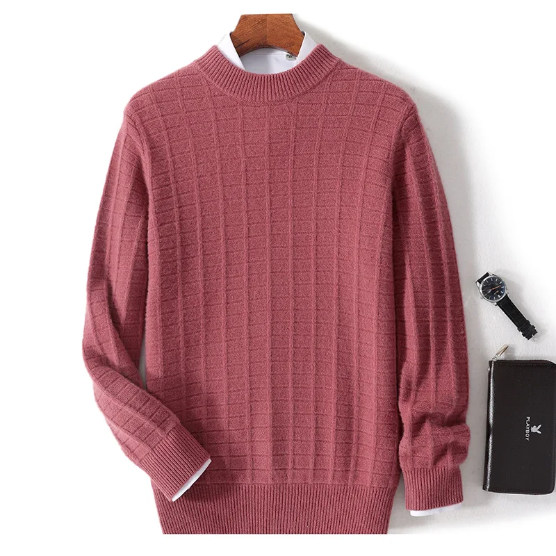 

100% Pure Wool Sweater Men Autumn Winter Round Neck Pullover Casual Long Sleeved Knitted Base Shirt Warm Thick Men's Clothing