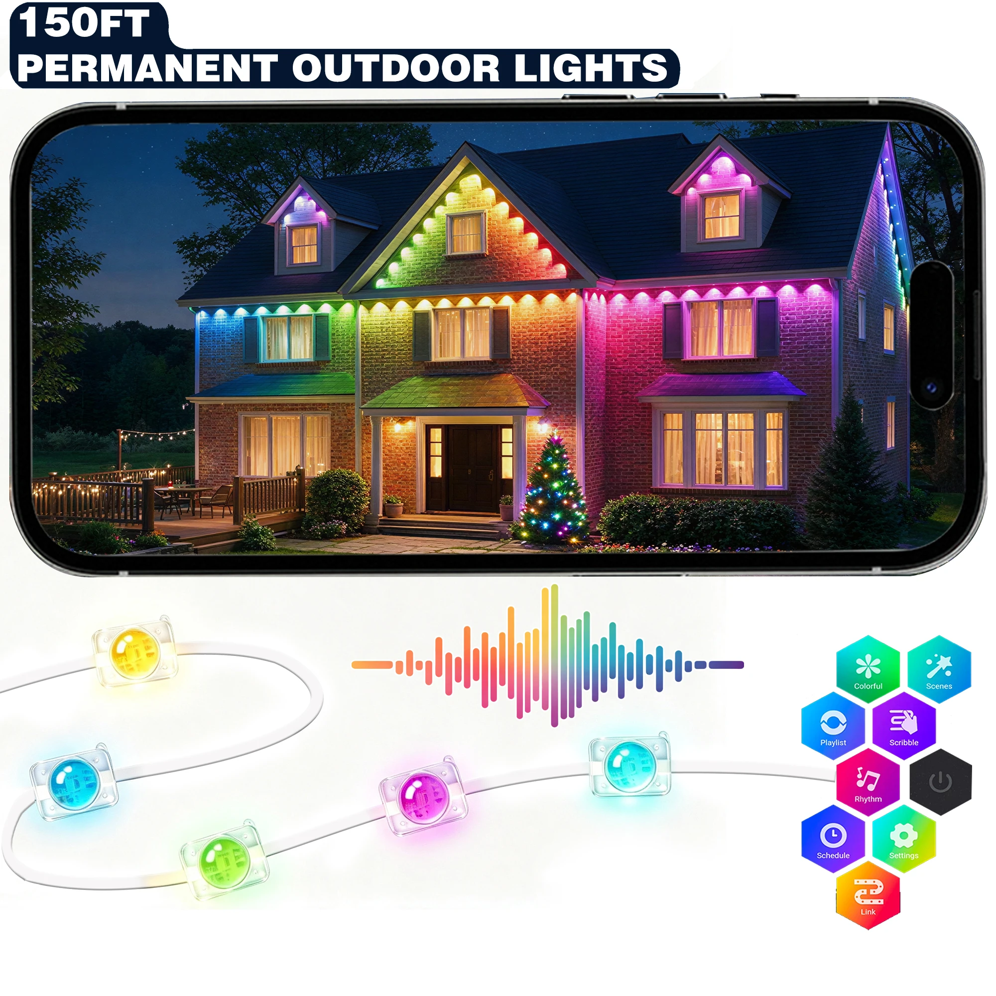 150FT Permanent Outdoor Lights Rgbic, Outdoor Christmas Lights, Smart RGBIC App Control with 60 LEDs, LED Eaves Lights IP67 Waterproof, House Roof Outdoor Lighting for Party, Daily, Halloween, Garden