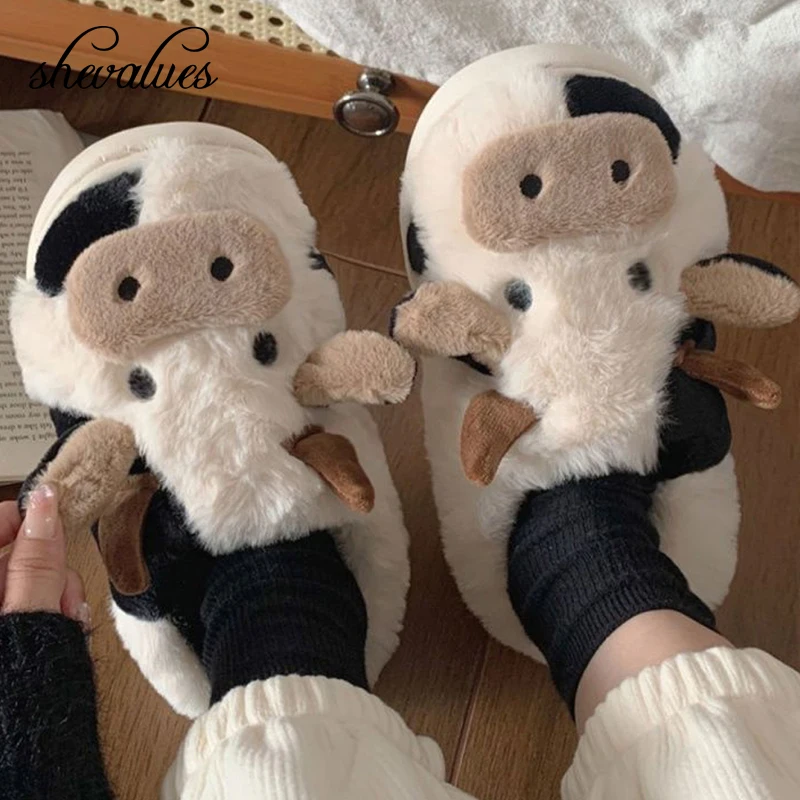 

Shevalues Cute Warm Cow Plush Slippers For Women Winter Fashion Kawaii Furry Cotton Slippers Lovers Cartoon Indoor House Shoes