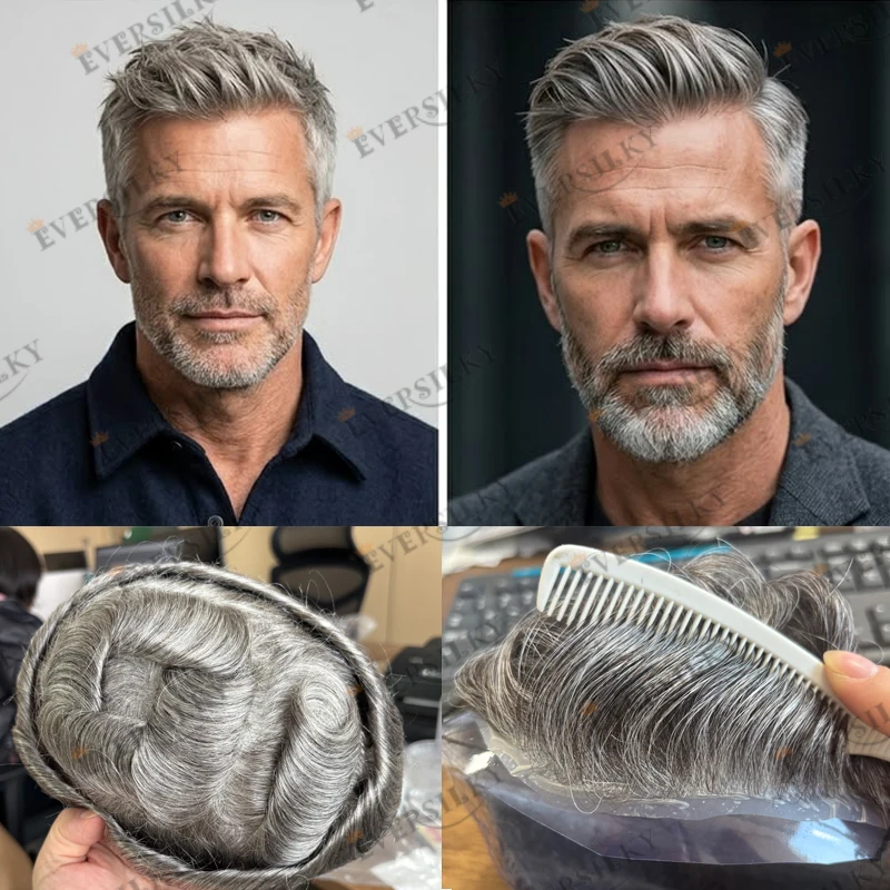 Micro Thinnest 0.02mm Skin Base Natural Hairline Grey Old Men's Toupee Light Weight Comfortable Undetectable #340#440 Hairpieces