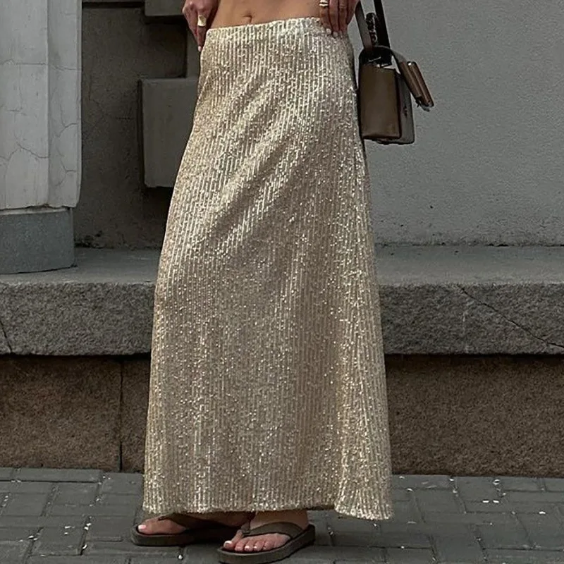 

Women Fashion With Sequined Brown Side Zipper Midi Skirt Vintage Mid Waist Straight Female Chic Lady Skirts