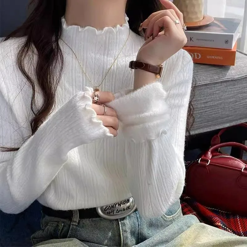 

Women's Inner Wear Soft Stretchy Long Sleeve Top Retro Korean Style Fleece Lined Knitted Base Shirt Half High Collar