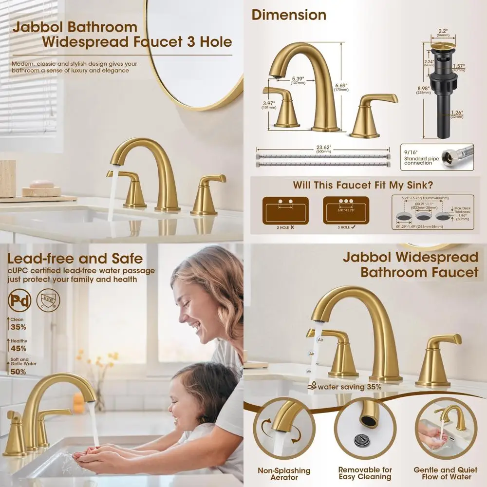 

3-Hole Brushed Gold Lavatory Faucet with Pop-Up Drain for Vanity Sinks