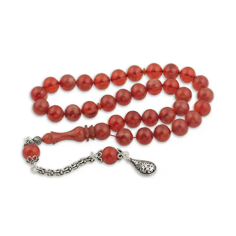 ​Silver Tassel Coral Color Globe Spinning Amber Rosary 925 Sterling Silver Beads 33 Tasbih Rosary Tassels, Islamic Muslim Tasbih Allah Men Women Meditation jewelry, Tasby, Unisex