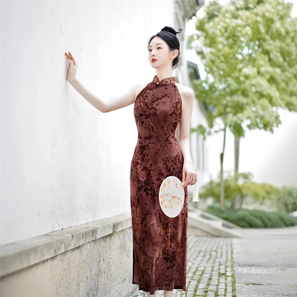 Vestidos Qipao largos sin mangas con cuello Halter Vintage, ropa de mujer, Vestidos de estilo étnico para fiesta, Cheongsam chino, ropa de mujer