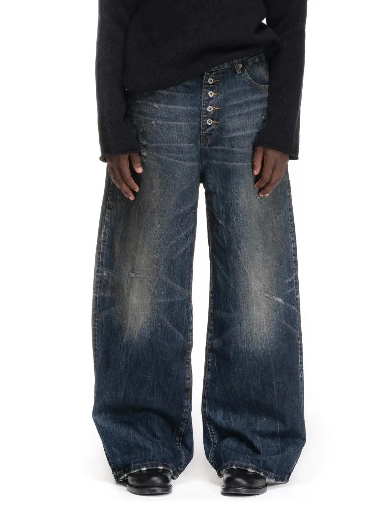 No faith studios Japanese twill washed midnight indigo baggy buckle jeans