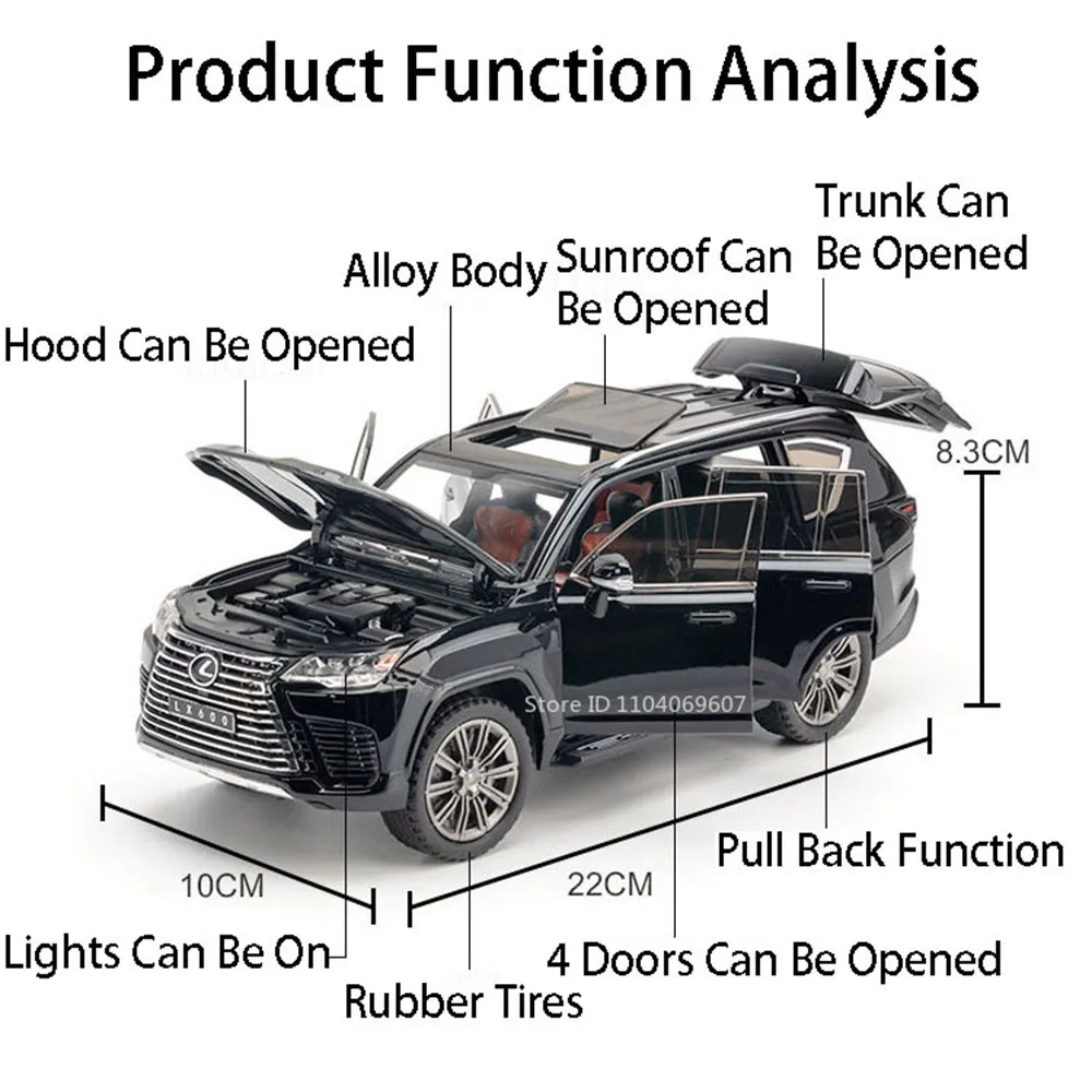 Modèles de voitures jouets LX600 ES300, échelle 1:24, en alliage moulé sous pression, portes SUV ouvertes, son et lumière, pneus en caoutchouc, véhicules pour enfants, cadeaux