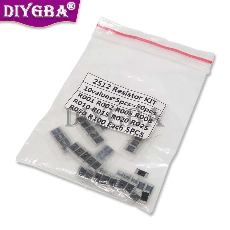 10Kinds*5PCS=50PCS Alloy Resistance 2512 SMD Resistor Samples Kit R001 R002 R005 R008 R010 R015 R020 R025 R050 R100