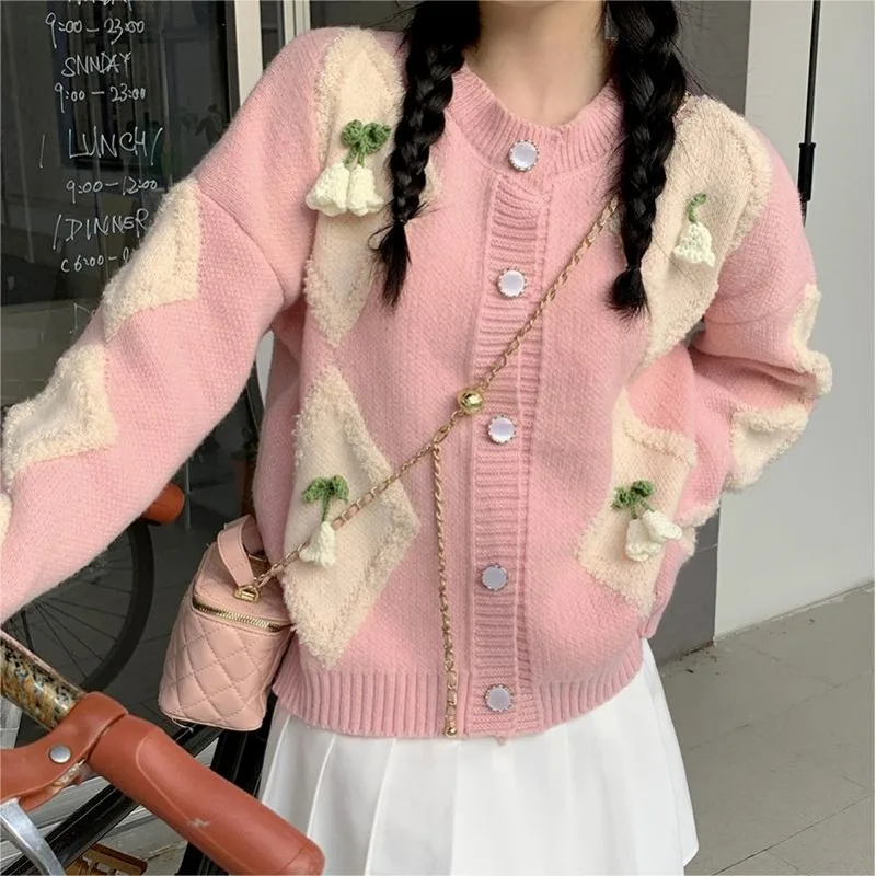 Women Women Winter Fashion Korean Button Color Blocking Color Blocking Knitting Women Clothing Fashionable Jacquard Loose Cardig