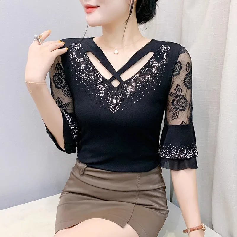 Summer New Female Mesh Fashion Hollow Hot Diamond Sexy Mesh T-shirt Elegant 3/4 Ruffled Sleeve Sunscreen Women's Tops