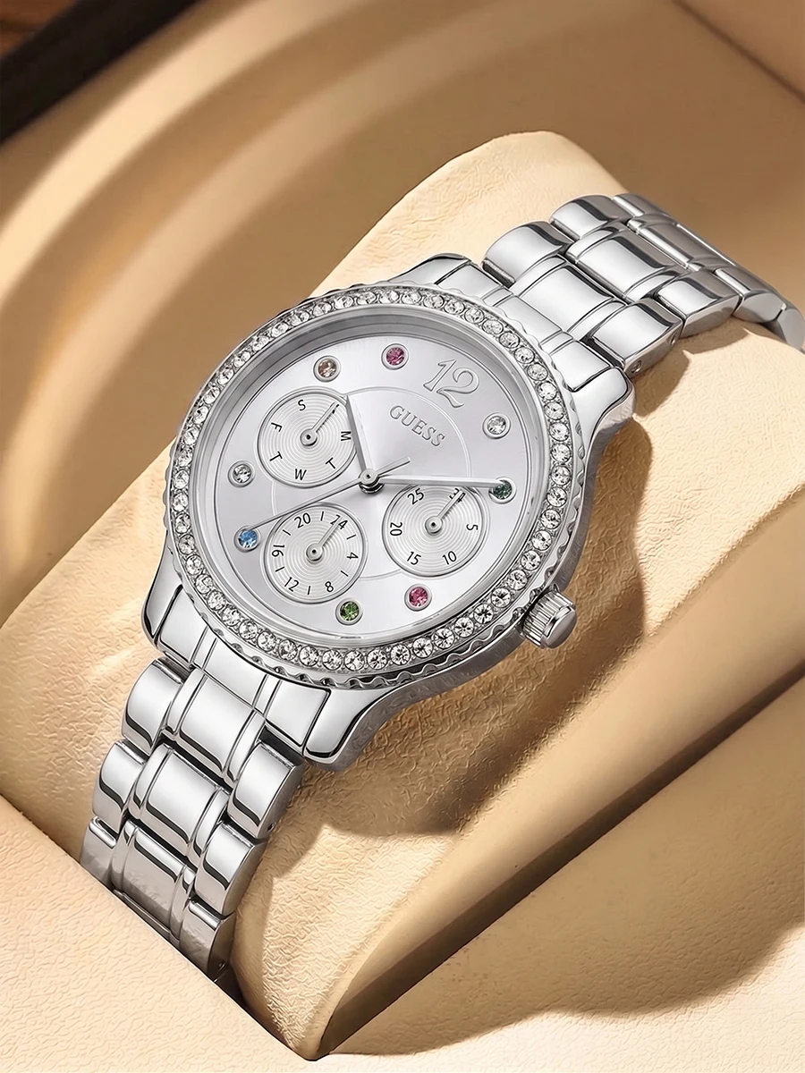 Relojes de lujo para mujer GUESS, reloj de pulsera de cuarzo multifunción de acero inoxidable plateado, reloj de moda resistente al agua con diamantes de imitación para mujer