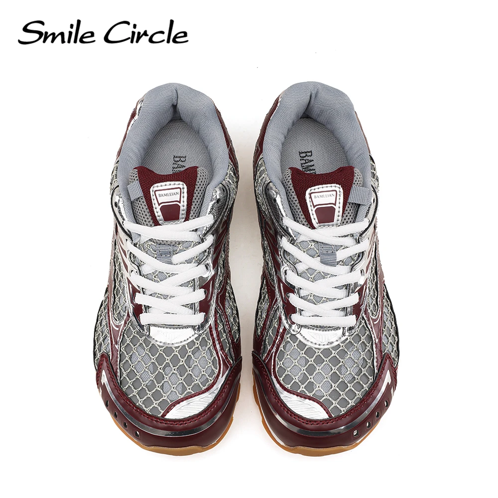 Smile Circle Orbit Sneakers Women Retro Lace-up Round toe Trainers Breathable Mesh Casual Shoes Silver/Green/Burgundy