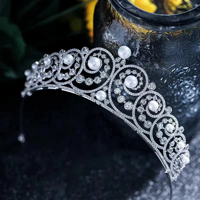 Vintage Heavy Work Grand Bride Hair Crown Micro-Inlaid Zircon & Pearl Jewelry Luxurious Wedding Headwear Accessories