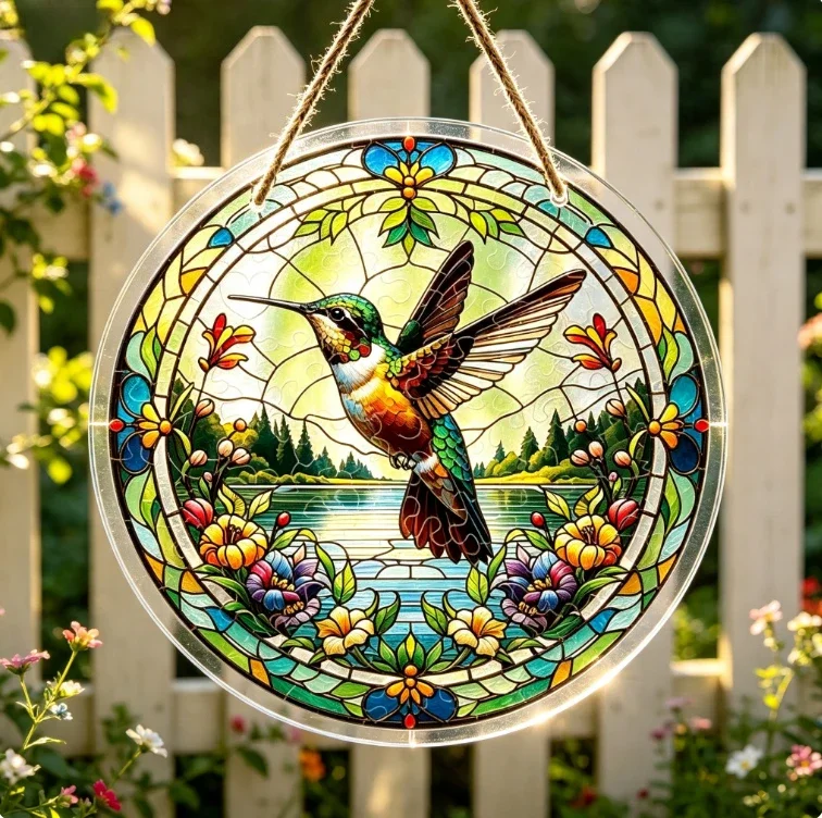Round Acrylic Suncatcher Hummingbird Forest Lake Flower Jute Rope Hanging Sign