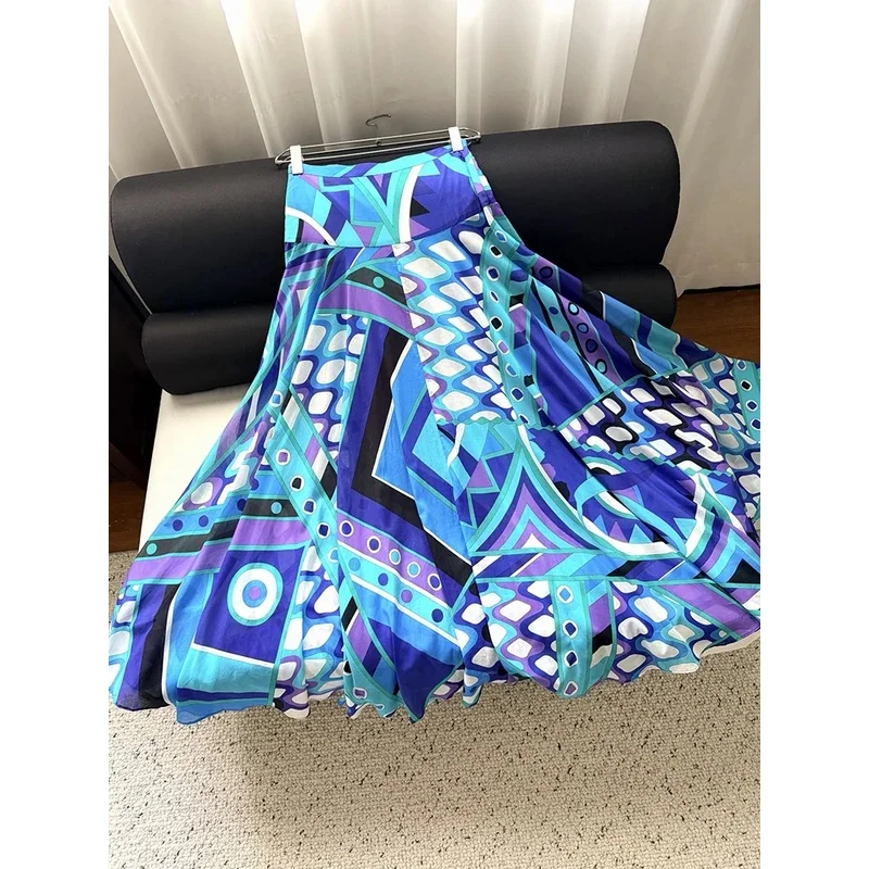 Spring Summer Fashion Resort Elegant Geometric Print Cotton Long Skirt Women's Middle Waist Slim A-Line Big Swing Skirt