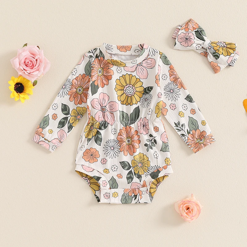 Baby Clothing Girl Floral Print Long Sleeve Ribbed Romper Bodysuit Headband Newborn Fall Winter Clothes