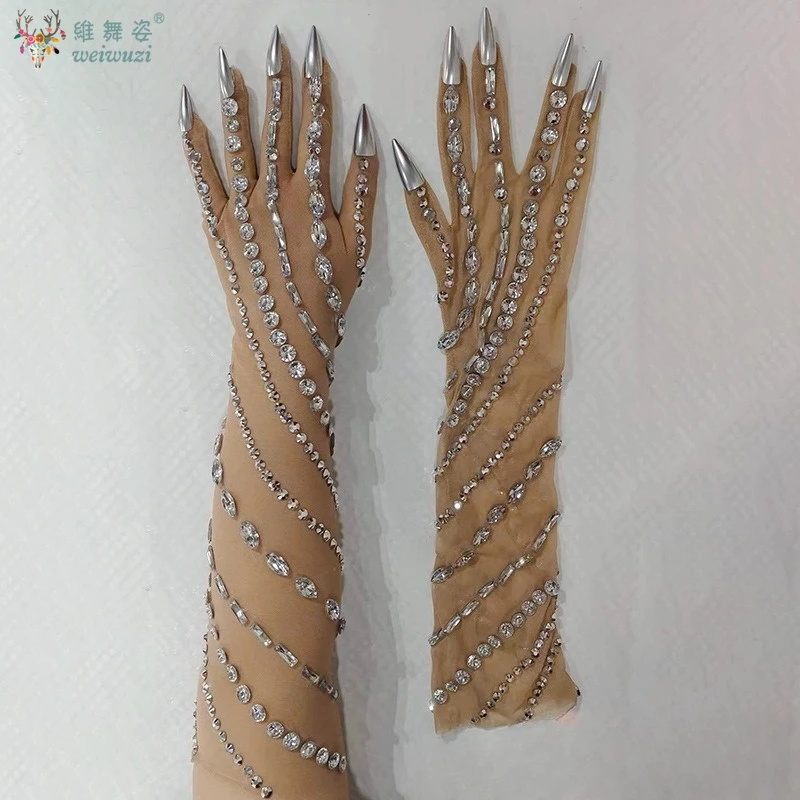 High Quality Rhinestone Elastic Gloves Nightclub DJ Bar Stage Props Multiple Sexy Full Diamond Dance Team Party GOGO Theme Show