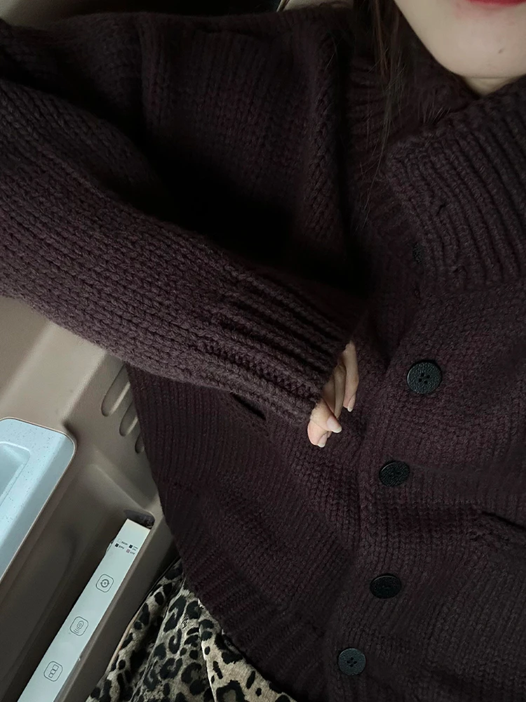 

Американский ретро-кардиган для женщин, вязаный, с открытым передом, с небольшим воротником-стойкой, повседневный, теплый, осенне-зимний, модный, универсальный, с длинными рукавами