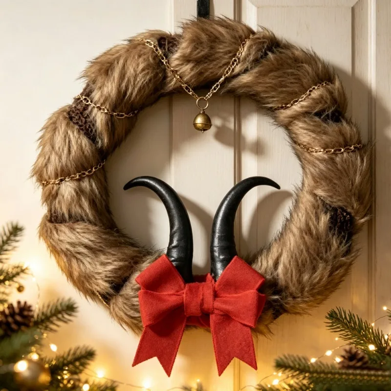 200pcs Dark Halloween Wreath with Croissants Dried Vine Bow Devil Horns Dress Up Decor Photo Props Ornament