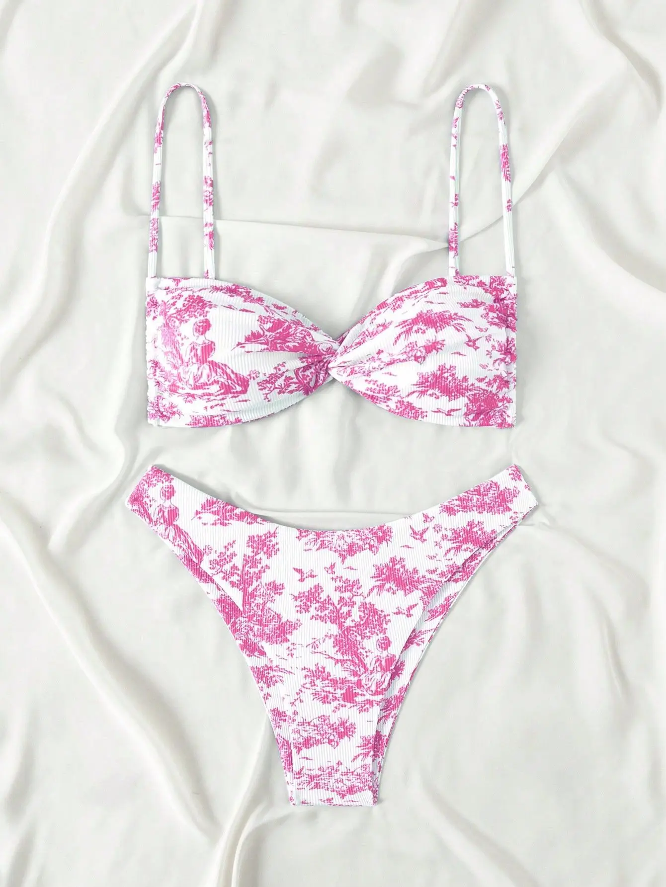 2025 Women's Pink Floral Micro Bikini Set High-End Beach Swimwear with Adjustable Ties Summer Holiday Floral Swimwear Outfits