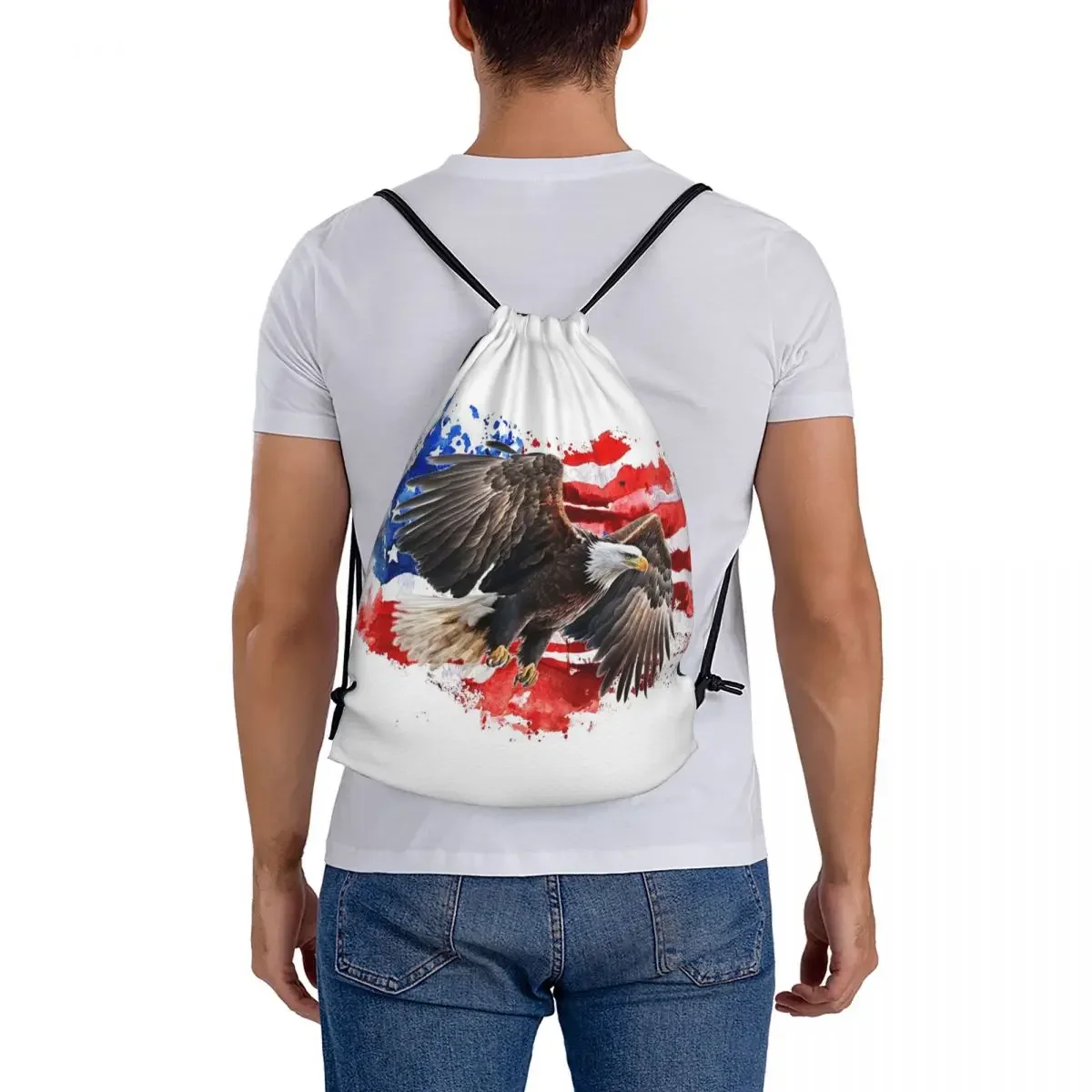 Mochila de águila voladora con fondo de bandera americana, bolsa con cordón, bolsa de artículos diversos, bolsa de libros