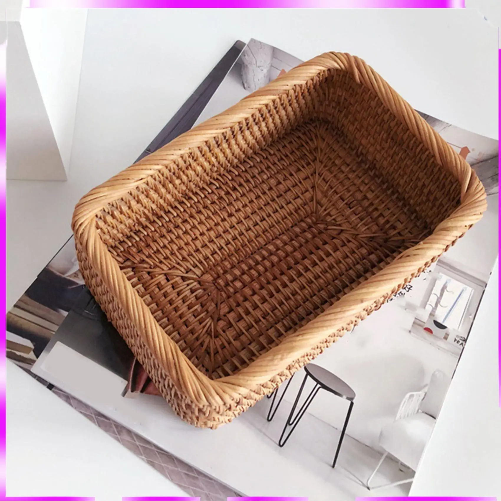 N98R 2X Hand-Woven Rectangular Rattan Wicker Basket Fruit Tea Snack Bread Picnic Cosmetic Box Kitchen Household Tools-L