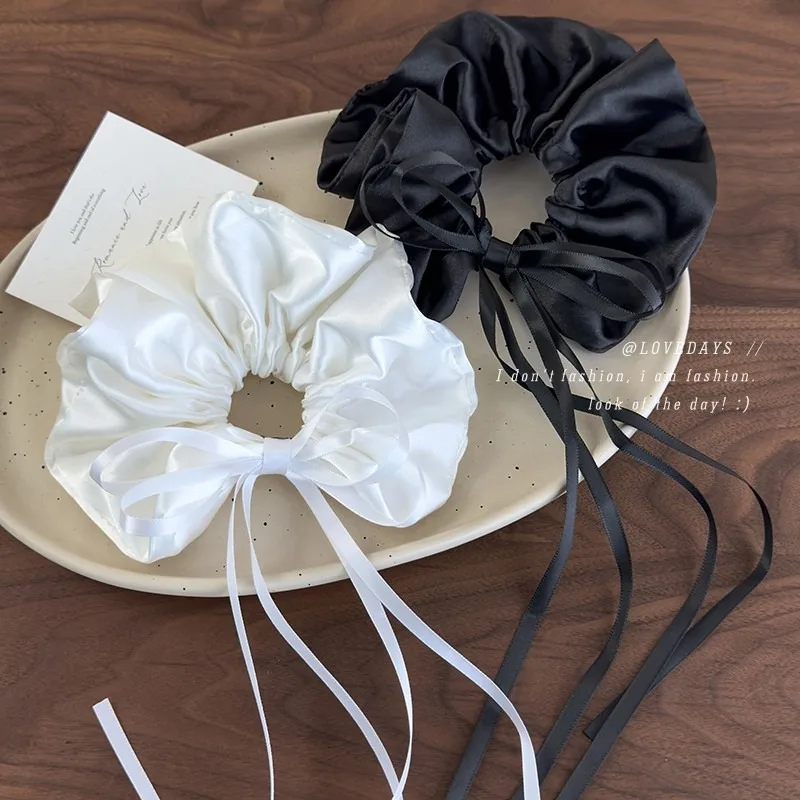

Premium White Satin Bow Hair Band with Long Ribbon Tails for Women Elegant Ponytail Holder Soft Stretchy Non Slip Daily Wear