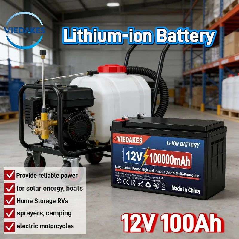 

12V LiFePO4 Battery 100Ah, Deep Cycle Rechargeable Built-in BMS for RV, Solar, Camping, Marine, Golf Cart, sprayers