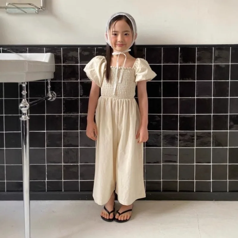

2026 Korean Girls Cotton Spring Summer Jumpsuit Puff Sleeve Elastic Shirring Casual Forest Kids Overalls